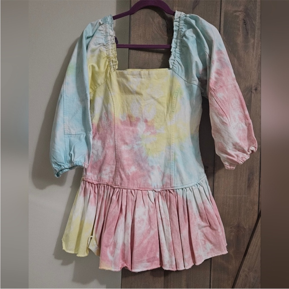 LoveShackFancy Pastel Dress with Puff Sleeves Tie Dye